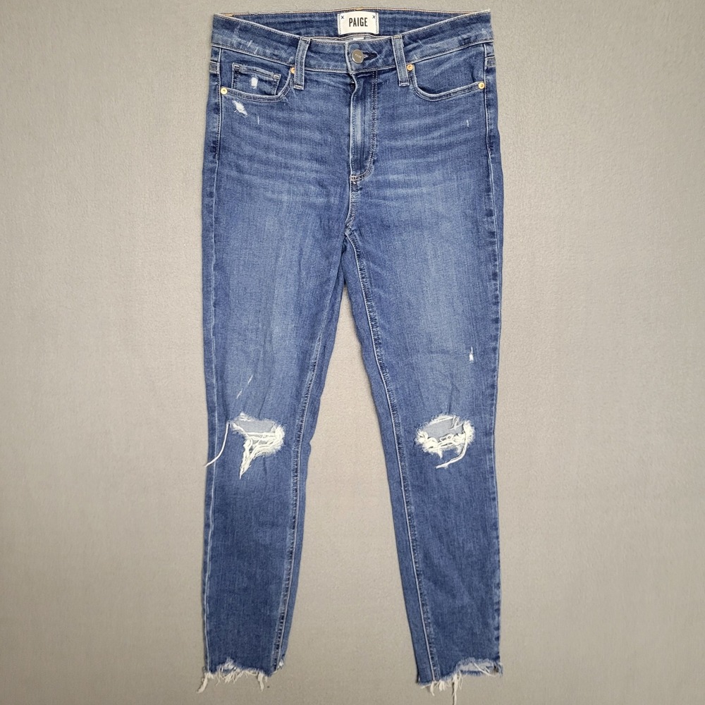 Paige Womens Skinny Distressed Jeans Medium Wash Raw Hem Size 27 - Picture 1 of 12